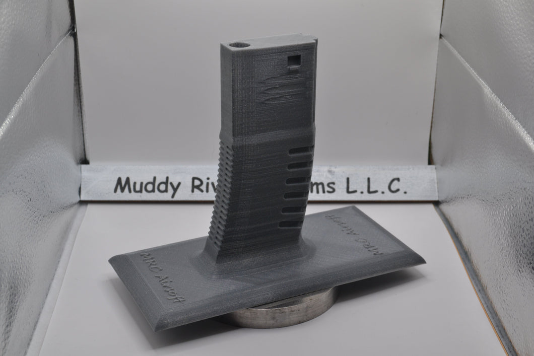 Get the stand personalized with what wording you would like.  Easily store or display your Airsoft gun Compatible with most Airsoft rifles that uses regular M4 / M16 Airsoft AEG Magazines EMG Logo printed on stand These 3D printed items may need some sanding and could be rough from the printing process, the roughness will not hinder functionality.