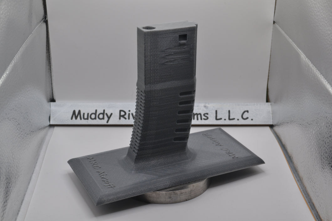 Display Stand for M4 / AR-15 Airsoft AEGs Easily store or display your Airsoft gun Compatible with most Airsoft rifles that uses regular M4 / M16 Airsoft AEG Magazines EMG Logo printed on stand These 3D printed items may need some sanding and could be rough from the printing process, the roughness will not hinder functionality.